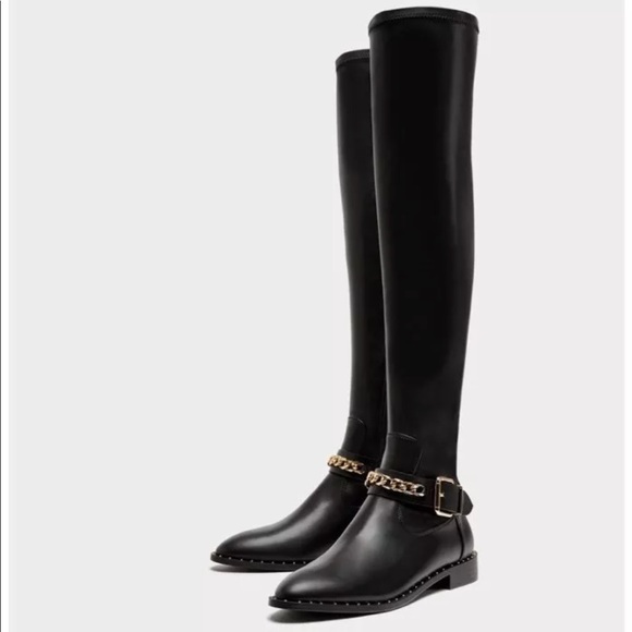 BLOGGER Zara Flat Over the Knee Boots Chain Detail - Picture 4 of 8